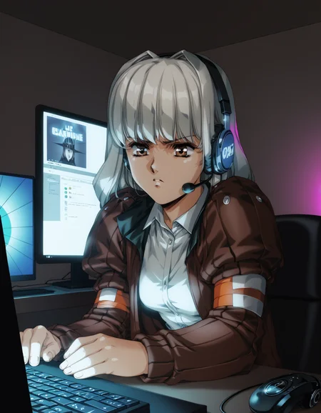 score_9, score_8_up, score_7_up <lora:Urushihara Satoshi_XL_PONY_V2:0.4>
<lora:charlone-ponyxl:0.9> charlone claudius, white hair, brown eyes, techwear,
1girl, solo, headset, looking at screen, annoyed, e-girl, bedroom, computer, neon lights, cinematic lighting