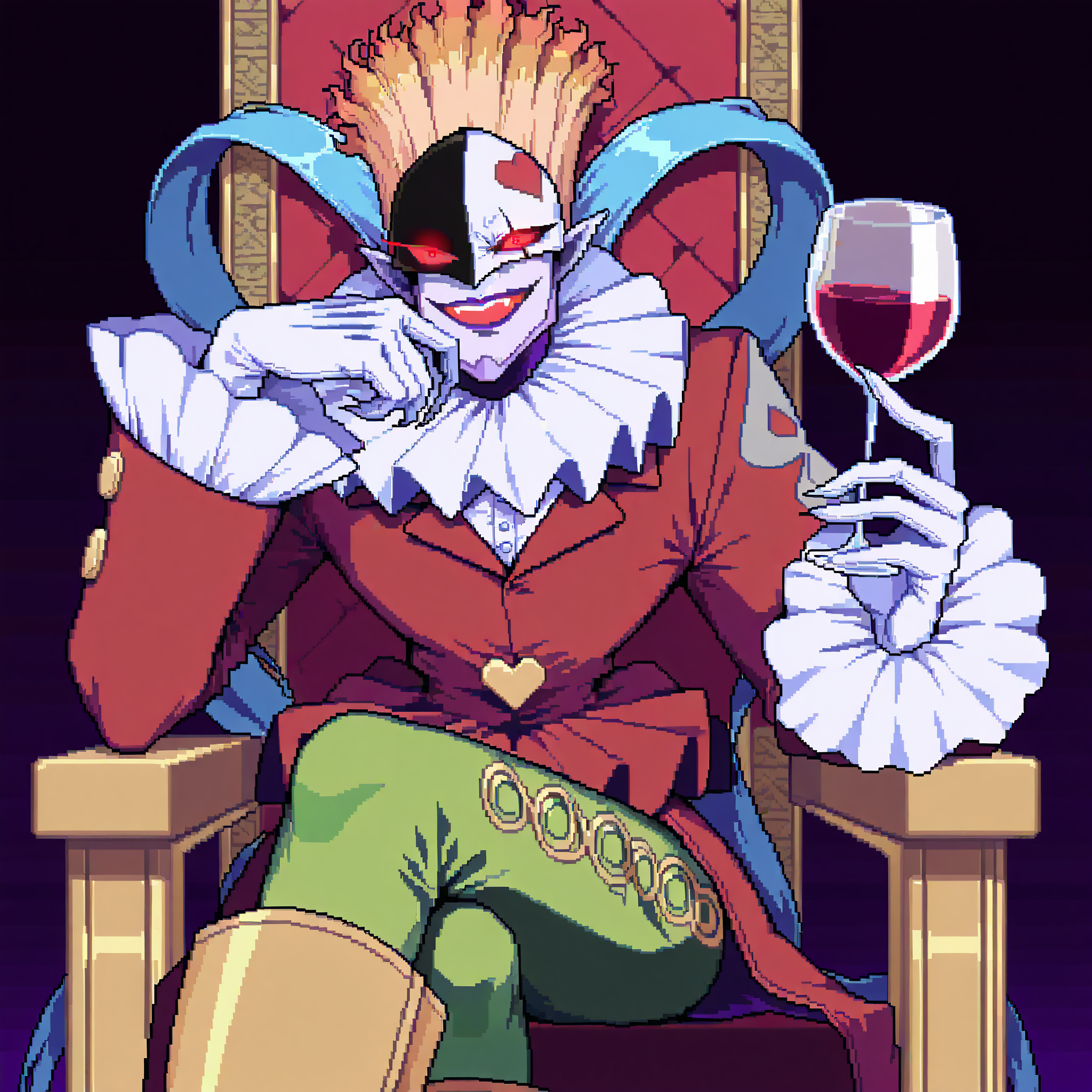 HDA_MasterpieceXL_v1.2, <lora:Piedmon_-_Digimon_Franchise:1> PiedmonIL,  hands behind head, evil smile, glowing eyes, red eyes, holding a glass of wine, hand on own chin, amused, throne, cross legs,  HDA_PixelArtXL_v1.2
