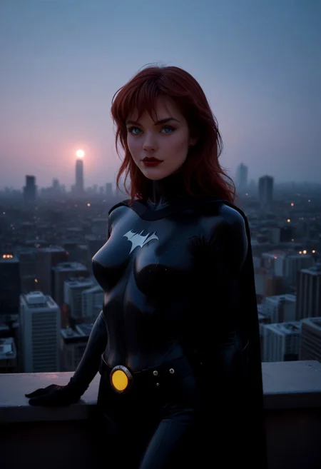 score_9, score_8_up, score_7_up, photo, vintage photo, 90's, 1990's, retro, medium shot, sexy pose, sexy skinny woman, playful expression, youthful face, 18 years old, medium breasts, barbara gordon, long hair, red hair, blue eyes, bodysuit, cape, gloves, belt, bangs, bat symbol on bodysuit, silver bat symbol on chest, outside, beckoning to viewer, on roof of a skyscraper, gothic modern city at midnight, full moon, vibrant neon signs, lit gothic new york skyscrapers, gargoyles, amazing lighting, sensual lighting, pink ambient light, intense rim lighting, heavy glow on hair, heavy glow on bodysuit, heavy shadows, bokeh