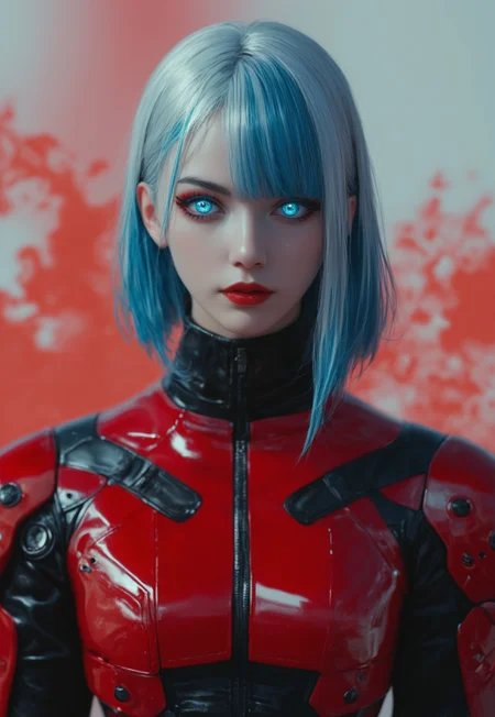 masterpiece, best quality, highly detailed, score_9, score_8_up, score_7_up, Expressiveh, 
silhouette art, animeanime image of a robotic cyberpunk female warrior, long multicoloured hair (platinum with red and blue highlights or streaks), bangs, dark eyeshadow, red lips, chrome and red armour, silhouetted, chiascuro, glowing eyes, abstract dark cyberpunk background
<lora:Dynamic Poses:1> 
<lora:detailed_notrigger:1>
 (((full clothed))),