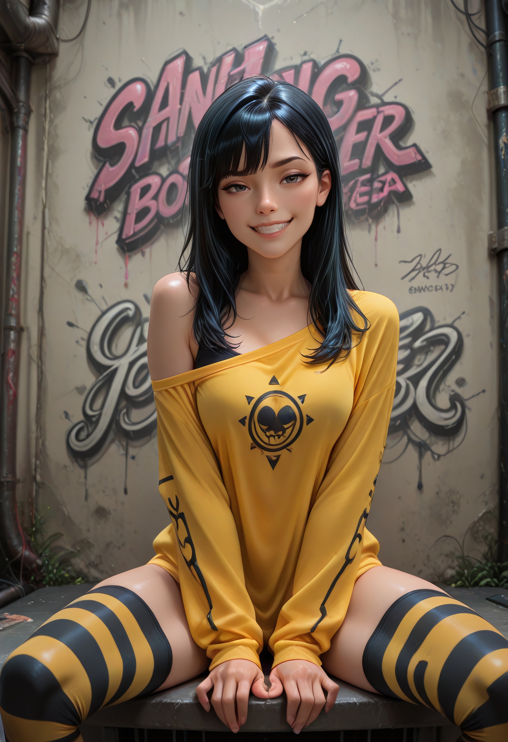 science fiction, 1girl, thighhighs, striped clothes, striped thighhighs, solo, sitting, shirt, off shoulder, graffiti, black hair, long hair, yellow shirt, bottomless, grin, raised eyebrow, teasing viewer,
SmoothNoob_Quality