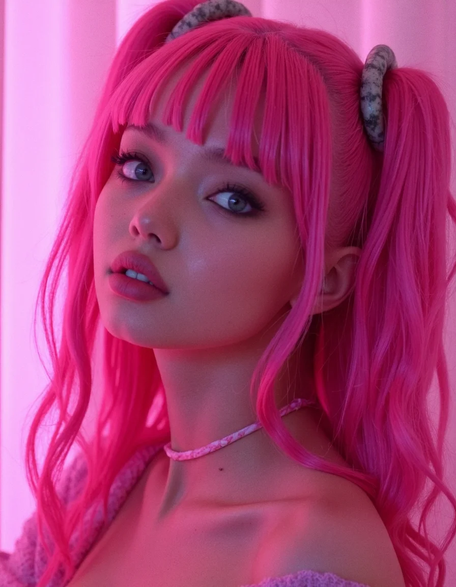 low-angle shot, cinematic, dramatic, ** concept art for the main character in the award winning film named life is better in pink. the character is a unnaturally beautiful teenage girl with deep blue eyes and pink dyed hair, wearing only light pink clothes. cg render, high key lighting, trending on art station, vibrant colors., unconventional photography, hair rings