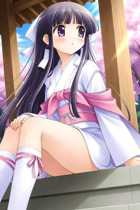 masterpiece, best quality, absurdres, official art, official style, general BREAK <lora:arisakamatsuri_IL_v1-2:0.7>, arisaka matsuri, 1girl, solo, purple eyes, black hair, purple hair, very long hair, blunt bangs, sidelocks, hime cut, hair ribbon, white ribbon, medium breasts, earrings, white kimono, short kimono, long sleeves, wide sleeves, pink bow, pink capelet, arm ribbon, obi, pink sash, back bow, bottomless, no pants, kneehighs, white socks, pink ribbon, foot ribbon, sitting, blush, :o, parted lips, arm support, hand on own knee, looking to the side, looking away, wind lift, floating hair, outdoors, day, cloud, tree, cherry blossoms, petals, shrine, sunlight