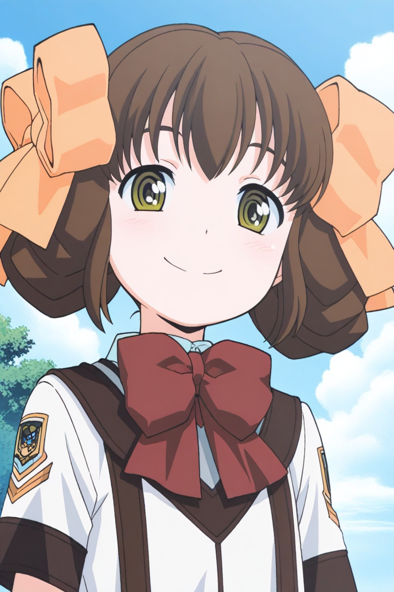 masterpiece, best quality, source_anime,official art,perfect_anatomy,1girl,Nonomi_Higasihara,brown_hair,bangs,hair_bow,red_bowtie,school_uniform,(beautiful detailed face,looking_at_viewer,smile),upper_body,day,blue_sky,cloud