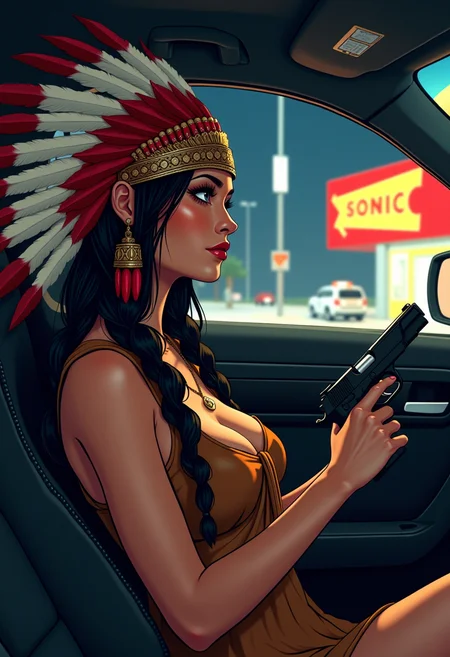 qkqmokt, anime illustration, POV from interior of car, side view of pretty native american earl 20's female wearing ornate native american headdress wearing sleevless native american outfit, sitting in passenger seat holding 1911 pistol, black eyeliner, pretty face, night time, sonic fast food drive-thru in background, overexposed flash casting shadow,