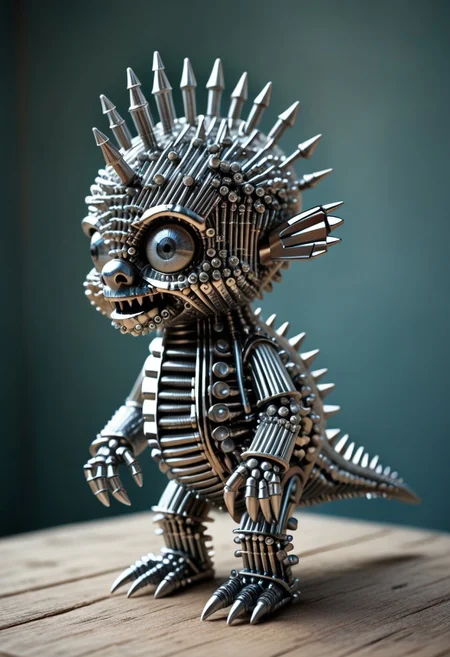 score_9, score_8_up, score_7_up, score_6_up, score_5_up, score_4_up, mysterious cute monster,surreal, detailed, bokeh, perfect balanced, deep fine borders,artistic photorealism, smooth, whole body view, (castle background), body made out of fasteners and leather, (funny horror theme, with spike head), spikey, game of thrones theme, fastenerswm