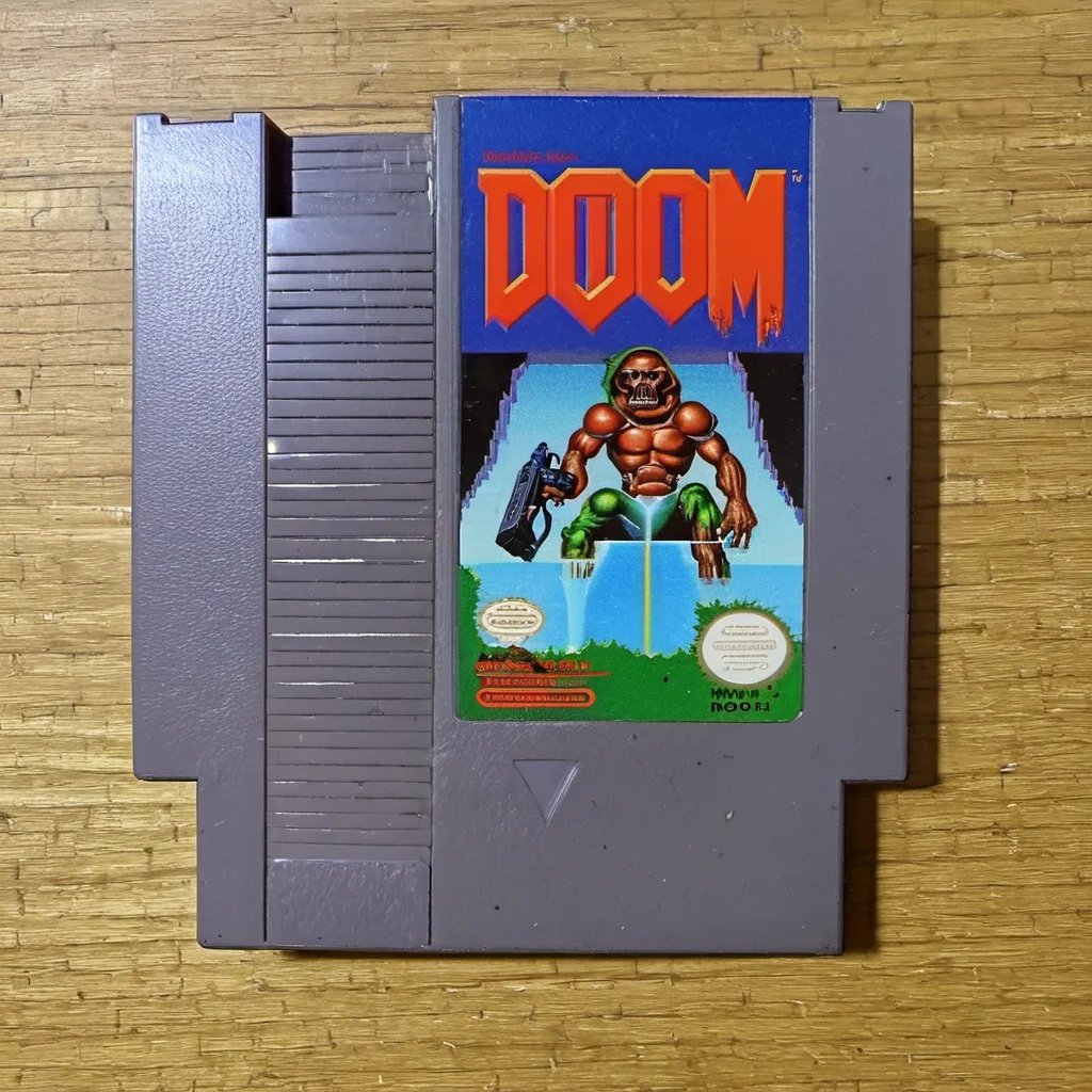 nes videogame cartridge, Doom, english text, no humans, solo, parody <lora:nes:1>