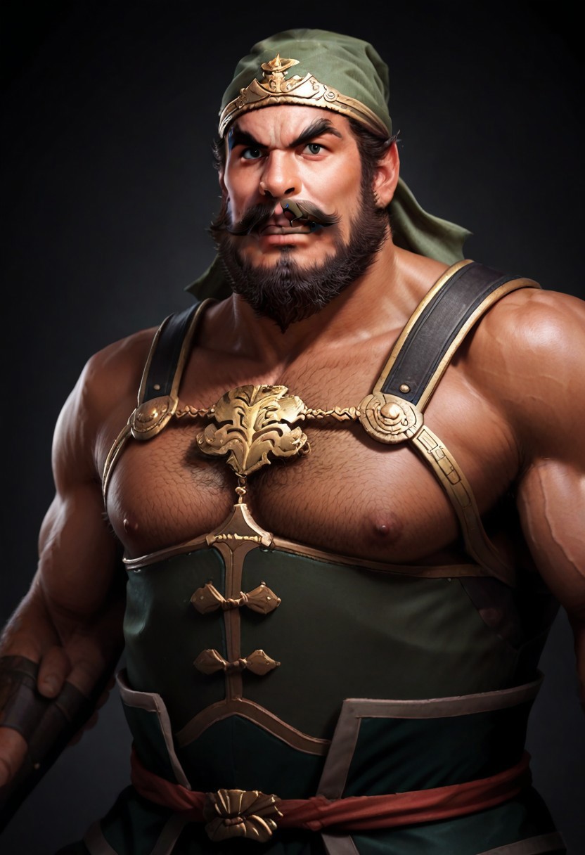 Zhang Fei,headwear, mustache and beard, front view, muscular, hunk, hairy chest, realistic,