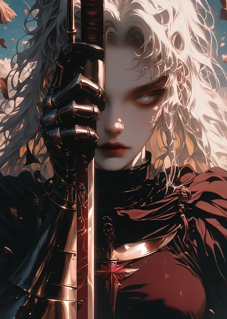 Score_9, score_8_up, score_7_up, score_6
(high-resolution, detailed texture, atmosphere)
(award winning, realistic, stunning, masterpiece, best quality, chiaroscuro, vibrant, colorful, absurdres)
4utumnD4rk4cademia 1girl, solo, long hair, looking at viewer, holding, closed mouth, weapon, white hair, sword, cape, holding weapon, armor, lips, grey eyes, holding sword, shoulder armor, gauntlets, pauldrons, red lips, knight, plate armor
(natural light, light particles) (detailed image, high resolution, 5k resolution)
<lora:Autumn Dark Academia Pony:1.7> <lora:add-detail-xl:1>