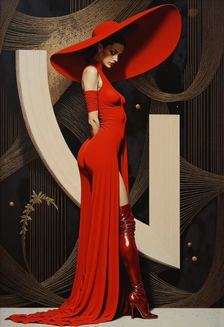 A stunning oil painting inspired by Piet Mondrian’s bold modernism and Tamara de Lempicka’s refined elegance, depicting a striking woman with a slender, statuesque figure in a vivid crimson ensemble. Her wide-brimmed hat, an abstract sculptural form, extends in fluid, sweeping curves, partially obscuring her face and leaving only her sharply defined lips visible, evoking an air of mystery. She wears a form-fitting red bodysuit that accentuates her sleek silhouette, paired with thigh-high, glossy crimson boots that reflect ambient light. The structured yet flowing elements of her attire contrast with the rigid geometry of the background—an intricate network of black-and-white lines forming dynamic, interwoven patterns, reminiscent of Mondrian’s precise compositions. The optical illusion of shifting depth and movement draws the eye toward the figure, enhancing the surreal, avant-garde aesthetic. Soft yet deliberate lighting sculpts the textures of fabric and skin, lending the painting a luminous, sculptural quality. The fusion of bold abstraction and refined elegance captures the essence of high fashion within a timeless, artistic vision.