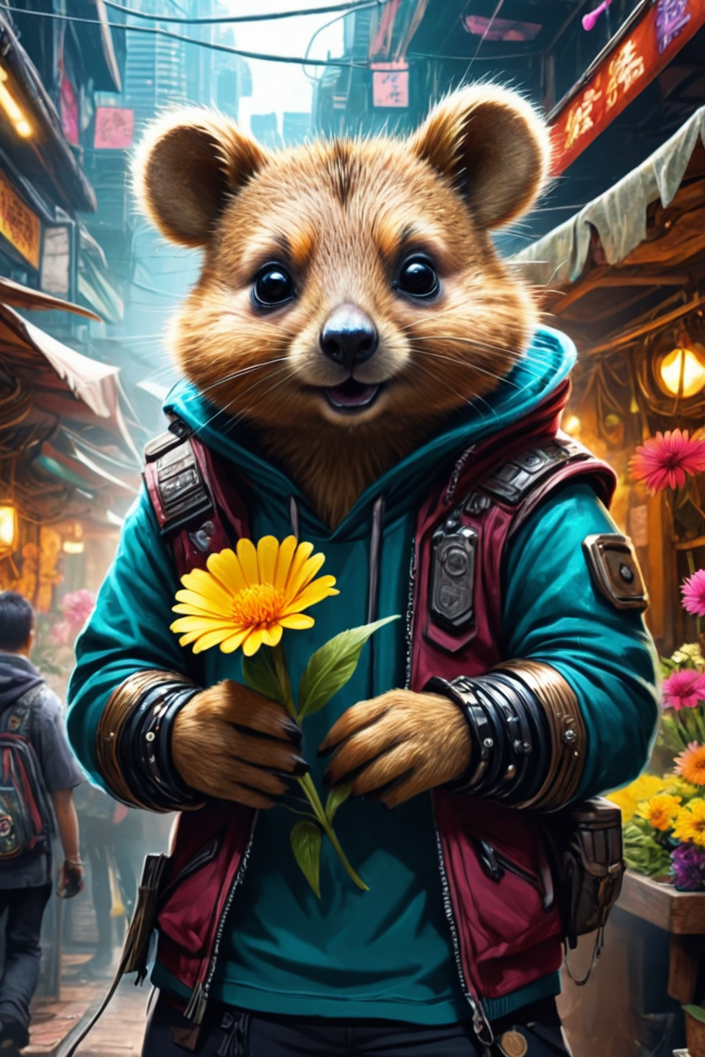 Detailed digital illustration of an anthro Quokka (Holding a flower delicately) at a Cyberpunk bazaar with illegal tech, <lora:xl_more_art-full_v1:0.5>,  <lora:anthro_muscular:0.7> , <lora:madpunk:0.4> madpunk