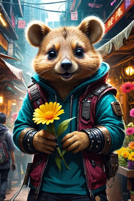 Detailed digital illustration of an anthro Quokka (Holding a flower delicately) at a Cyberpunk bazaar with illegal tech, <lora:xl_more_art-full_v1:0.5>,  <lora:anthro_muscular:0.7> , <lora:madpunk:0.4> madpunk