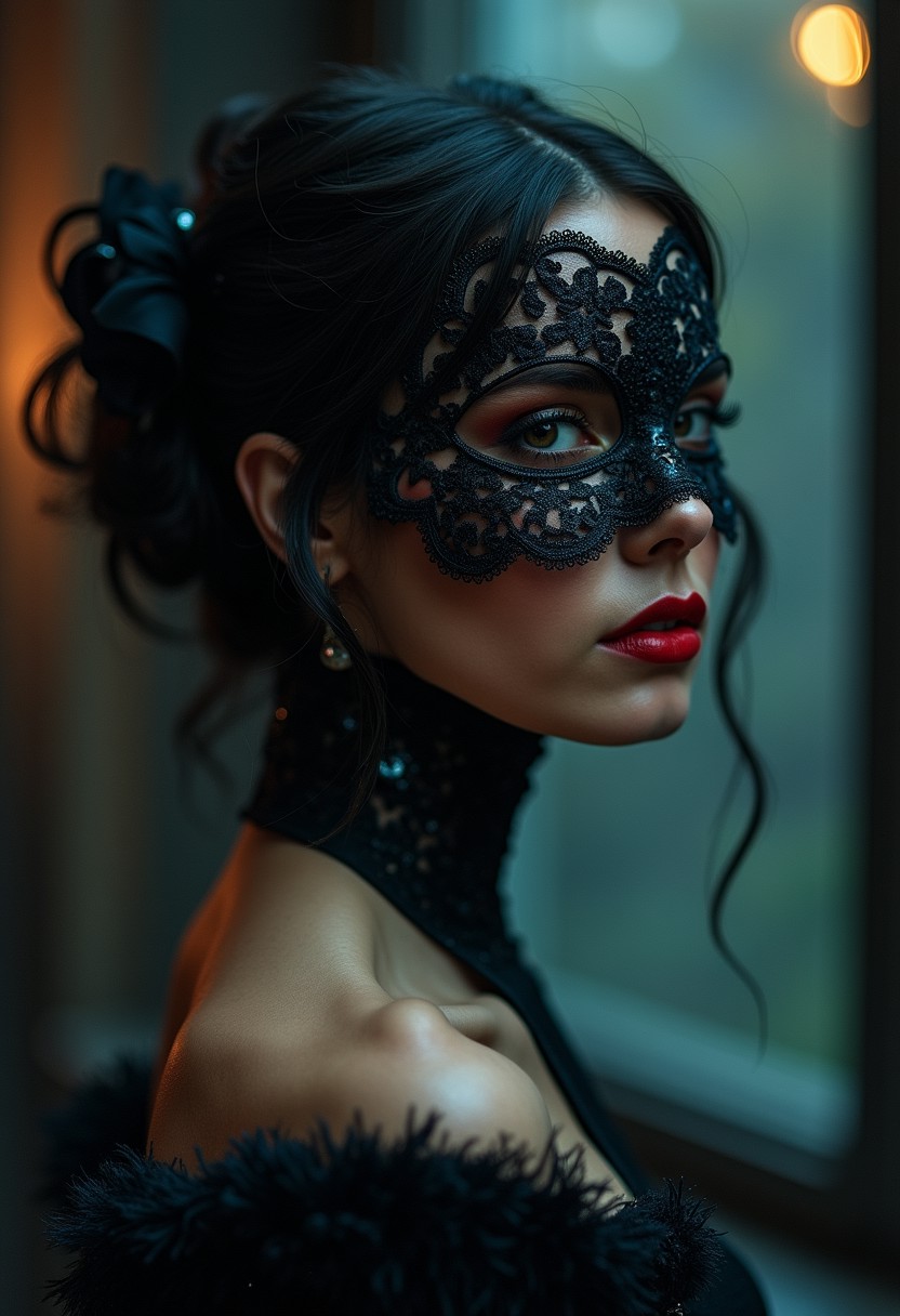 The night was thick with rain, its rhythmic drumming against the tall windows of the old manor blending with the low hum of jazz floating through the hall. Masks of every shape and shade cloaked the faces of the elite, men and women moving like shadows, their identities hidden behind velvet and silk, laughter muffled beneath the weight of their secrets. 
Then I saw her.
She moved through the crowd like smoke, dark and elusive, dressed in a shimmering gown that seemed to catch the light in all the right places. Her mask, a delicate lace that clung to her skin, revealed just enough to ignite the imagination, but concealed the most important parts: her eyes. Only her lips were exposed, painted in a shade of red that felt both dangerous and inviting, like a whispered secret. The kind that could get a man killed.