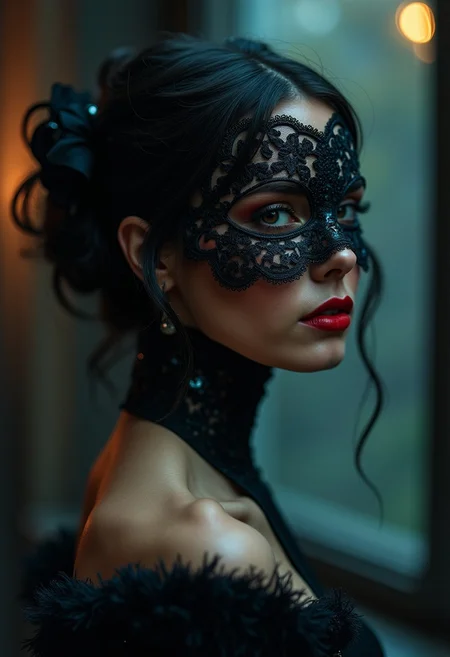 The night was thick with rain, its rhythmic drumming against the tall windows of the old manor blending with the low hum of jazz floating through the hall. Masks of every shape and shade cloaked the faces of the elite, men and women moving like shadows, their identities hidden behind velvet and silk, laughter muffled beneath the weight of their secrets. 
Then I saw her.
She moved through the crowd like smoke, dark and elusive, dressed in a shimmering gown that seemed to catch the light in all the right places. Her mask, a delicate lace that clung to her skin, revealed just enough to ignite the imagination, but concealed the most important parts: her eyes. Only her lips were exposed, painted in a shade of red that felt both dangerous and inviting, like a whispered secret. The kind that could get a man killed.