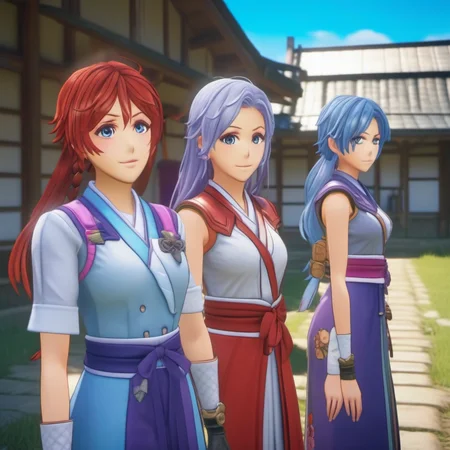 Ultra-realistic extremely detailed real life 8k masterpiece of a group of gorgeous women with different color hair in a village, epic background, extremely detailed eyes mouth and facial features, breathtaking epic lighting, cinematic composition, sakura wars style <lora:sakura wars style:1>