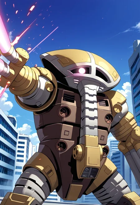 score_9, score_8_up, score_7_up, source_anime, front view, BREAK, ( juaggu, pink monoeye, glowing monoeye, looking down and to the side, combat pose, one arm out to the side, one arm raised to block a beam saber, extended nose, ) 1mech, mech focus, solo, BREAK, blue cloudy sky, cityscape, buildings, scaffolding, beam saber, energy particles,