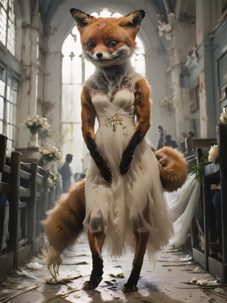 silhouette, desperate depiction of a veiled and wedding dress wearing stnerfx sad fox that is stumbling down the isle, <lora:- SDXL - stnerfx _Stoned_Fox_Style_V4.0:.8>