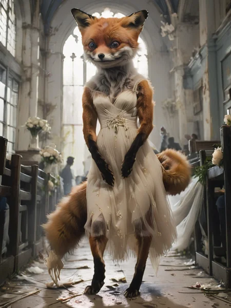 silhouette, desperate depiction of a veiled and wedding dress wearing stnerfx sad fox that is stumbling down the isle, <lora:- SDXL - stnerfx _Stoned_Fox_Style_V4.0:.8>
