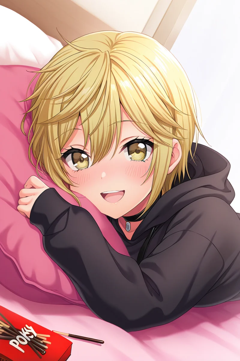 masterpiece, best quality, amazing quality,
<lora:Nagisa_IL:1> nagisa, blonde hair, 1girl, solo, hood, smile, open mouth, yellow eyes, black hoodie, long sleeves, bangs, lying, choker, :d, pillow, hood down, food, hair between eyes, pocky, hoodie, blush, looking at viewer, short hair, on stomach