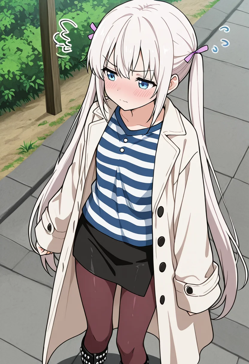 masterpiece,high quality details,
outdoors, 
 <lora:Komako_Semenovich:0.8> komako_cnr, 1girl, white hair, very long hair, twintails, blue eyes,sidelocks, hair ribbon,, frustrated,flustered,, long coat ,striped shirt,side slit pantyhose,,studded legwear,