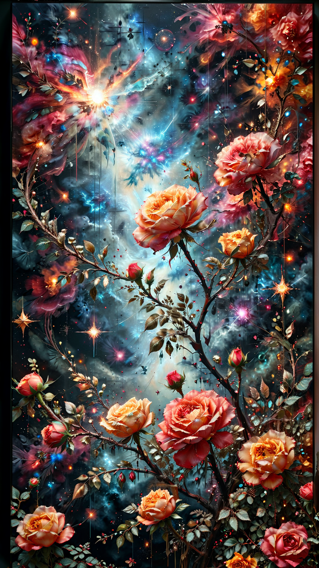 (Space, stars, supernova,palanets, nebula,:1.1)
Abstract painting, loose brushwork, thick paint, a mysterious concept only understood by advanced artificial intelligence insane detail, amazing lighting, 8K, HDR, vibrant and colorful, masterpiece

Abstract painting in boho style, beige and dark blue canvas, intense red and golden yellow highlights creating smoky undefined corners, faded oil paints with visible reliefs, central red rose branch meticulously drawn across the canvas, satin textures, evoking Degas’s mural techniques, ultra HD, vivid colors, UHD drawing, pen and ink techniques, perfect composition, octane render, trending on ArtStation, 8k resolution, photorealistic