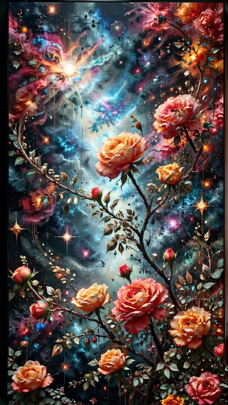 (Space, stars, supernova,palanets, nebula,:1.1)
Abstract painting, loose brushwork, thick paint, a mysterious concept only understood by advanced artificial intelligence insane detail, amazing lighting, 8K, HDR, vibrant and colorful, masterpiece

Abstract painting in boho style, beige and dark blue canvas, intense red and golden yellow highlights creating smoky undefined corners, faded oil paints with visible reliefs, central red rose branch meticulously drawn across the canvas, satin textures, evoking Degas’s mural techniques, ultra HD, vivid colors, UHD drawing, pen and ink techniques, perfect composition, octane render, trending on ArtStation, 8k resolution, photorealistic