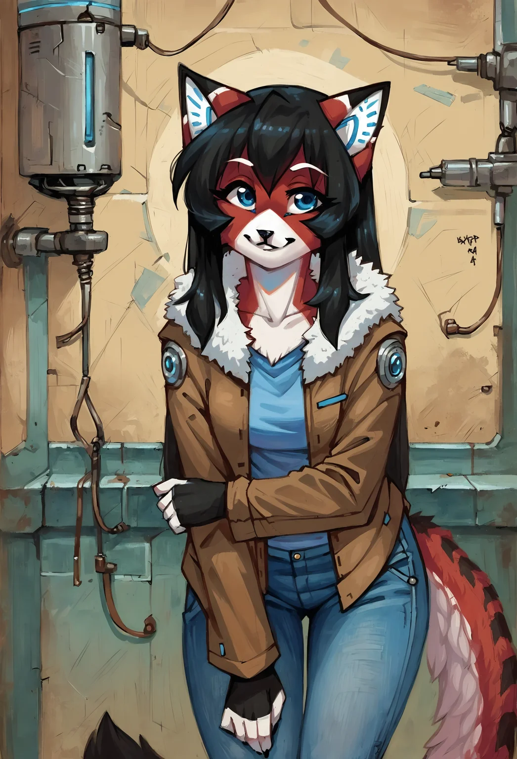 score_9, score_8_up, score_7_up, score_6_up, score_5_up, score_4_up, <lora:Styles for Pony Diffusion V6 XL (Oil Gothic):1> traditional media, oil painting, realistic, indoors, science fiction, laboratory, source_furry, tile wall, machinery, BREAK
<lora:ara_ponyXL_v1:1> ara, cat girl, furry, 1girl, solo, looking at viewer, leaning forward, brown jacket, fur trim, jeans, smile