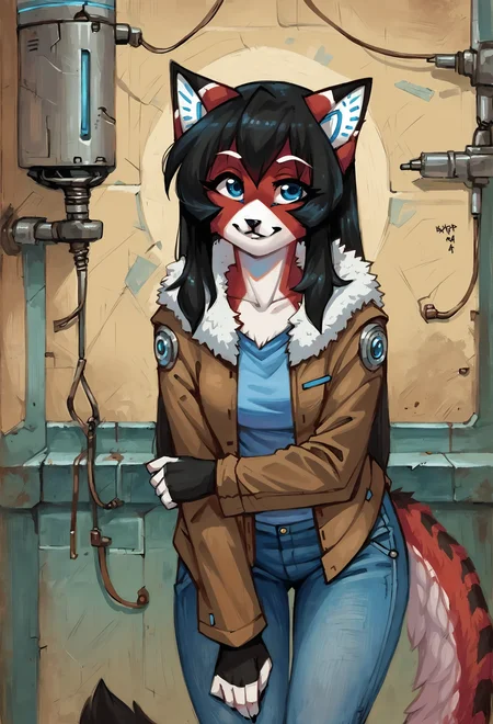 score_9, score_8_up, score_7_up, score_6_up, score_5_up, score_4_up, <lora:Styles for Pony Diffusion V6 XL (Oil Gothic):1> traditional media, oil painting, realistic, indoors, science fiction, laboratory, source_furry, tile wall, machinery,  BREAK
 <lora:ara_ponyXL_v1:1> ara, cat girl, furry, 1girl, solo, looking at viewer, leaning forward, brown jacket, fur trim, jeans, smile