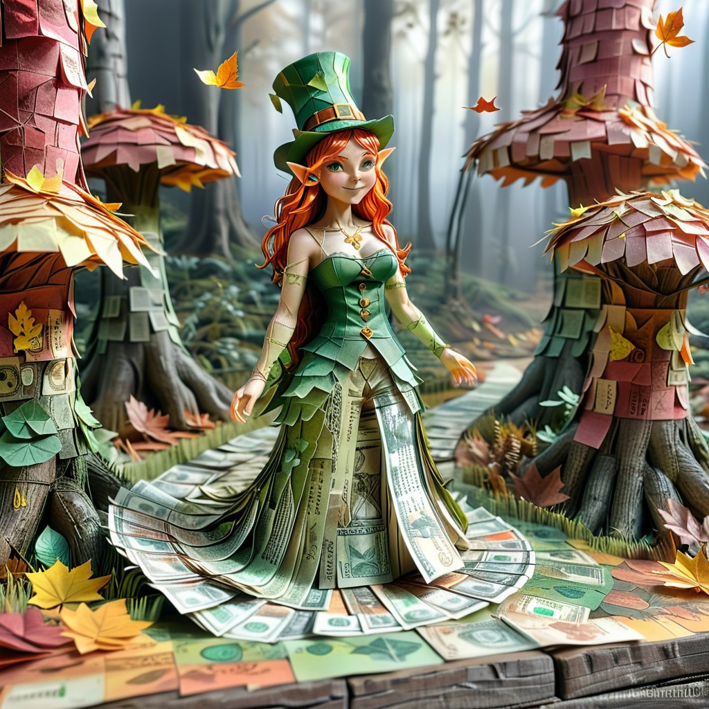 An open tome with an ethereal (Female feminine leprechaun) dressed like a leprechaun in an enchanted forest, embodying noble character surrounded by symbols of grace strength and magic. Autumn leaves magically changing into banknotes, 
PaperCutout style, endposit_notesmorph, paper bank notes,  made from polymer bank notes, cash notes, paper texture