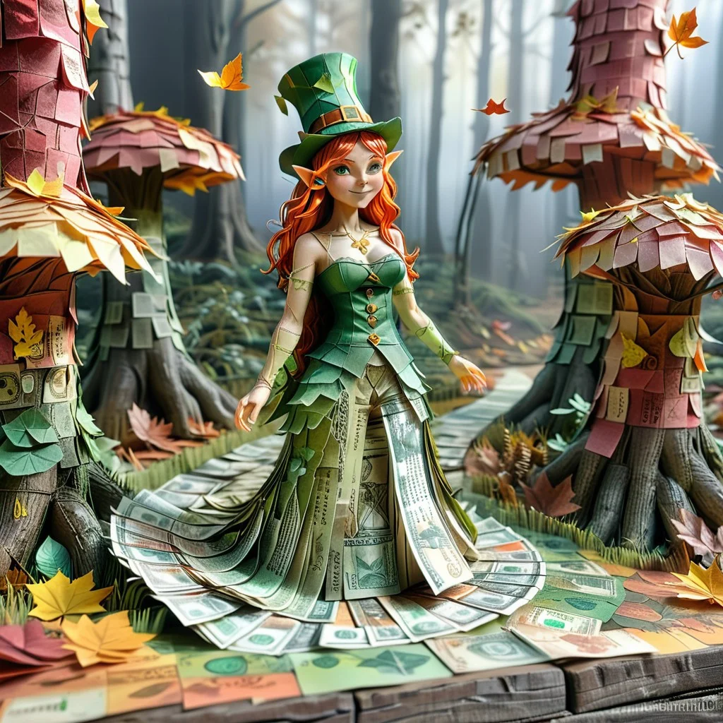 An open tome with an ethereal (Female feminine leprechaun) dressed like a leprechaun in an enchanted forest, embodying noble character surrounded by symbols of grace strength and magic. Autumn leaves magically changing into banknotes, 
PaperCutout style, endposit_notesmorph, paper bank notes,  made from polymer bank notes, cash notes, paper texture