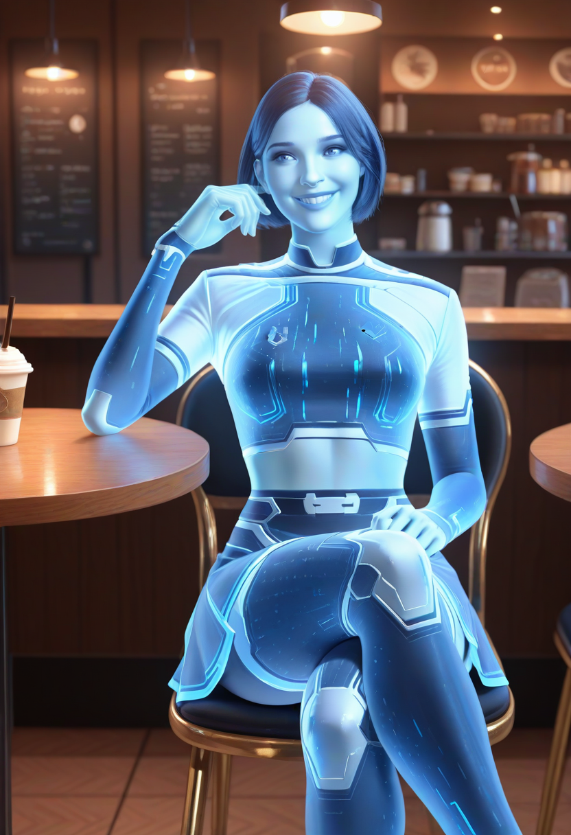 masterpiece, best quality, high quality, focused subject, detailed,
1girl, solo, USTheWeapon, blue skin, holographic girl, holographic clothes, blue skirt, blue crop top, midriff,
sitting, on chair, crossed legs,
facing viewer, looking at viewer, smile, (parted lips:0.7),
in cafe, dim lighting,
<lora:USTheWeaponIL:1>, <lora:reij-detaILer:0.8>