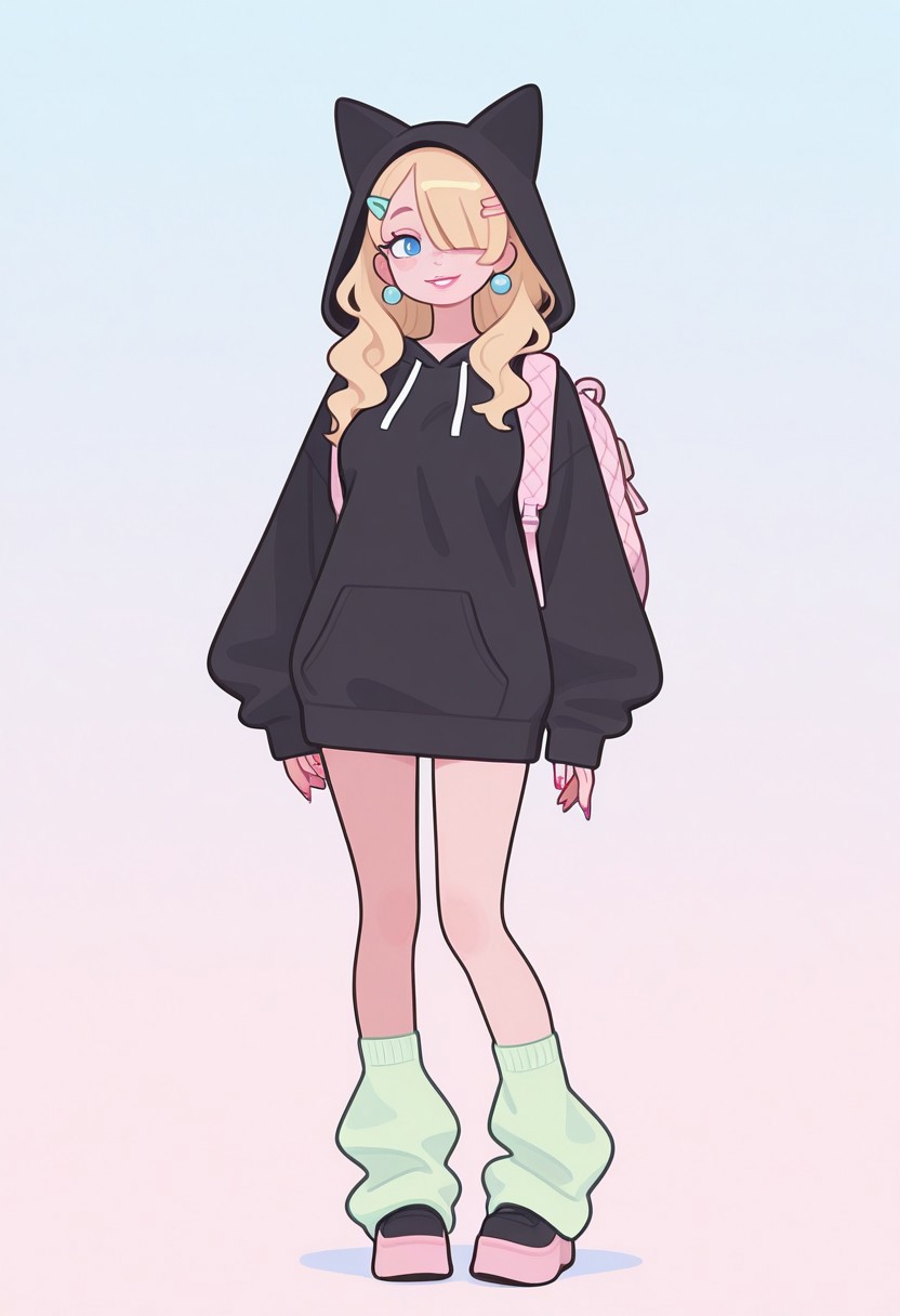 adorable fashion , m1nma_sty, minimalistic, masterpiece, best quality, soft lighting, cinematic lighting, dramatic lighting, depth of field, asymmetrical framing, dynamic pose, 1girl, upper body, mature female, fashion posing, long hair, blonde hair, wavy hair, (short bangs, bangs over one eye:1.1), blue eyes, (freckles, body freckles:0.6), pink makeup, pink painted nails, smiling, happy face, thin lips, pink lips, black hooded sweatshirt, cat ear hood, baggy sweatshirt, green thighighs, quilted backpack, standing,  pastel pinkish background, pastel color scheme, pink, blue, yellow, full body view, medium breasts, looking_at_viewer, short_hair, hair_ornament, jewelry, earrings, parted_lips, hairclip, gradient_background,