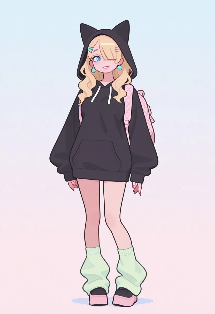 adorable fashion , m1nma_sty, minimalistic, masterpiece, best quality, soft lighting, cinematic lighting, dramatic lighting, depth of field, asymmetrical framing, dynamic pose, 1girl, upper body, mature female, fashion posing, long hair, blonde hair, wavy hair, (short bangs, bangs over one eye:1.1), blue eyes, (freckles, body freckles:0.6), pink makeup, pink painted nails, smiling, happy face, thin lips, pink lips, black hooded sweatshirt, cat ear hood, baggy sweatshirt, green thighighs, quilted backpack, standing, pastel pinkish background, pastel color scheme, pink, blue, yellow, full body view, medium breasts, looking_at_viewer, short_hair, hair_ornament, jewelry, earrings, parted_lips, hairclip, gradient_background,