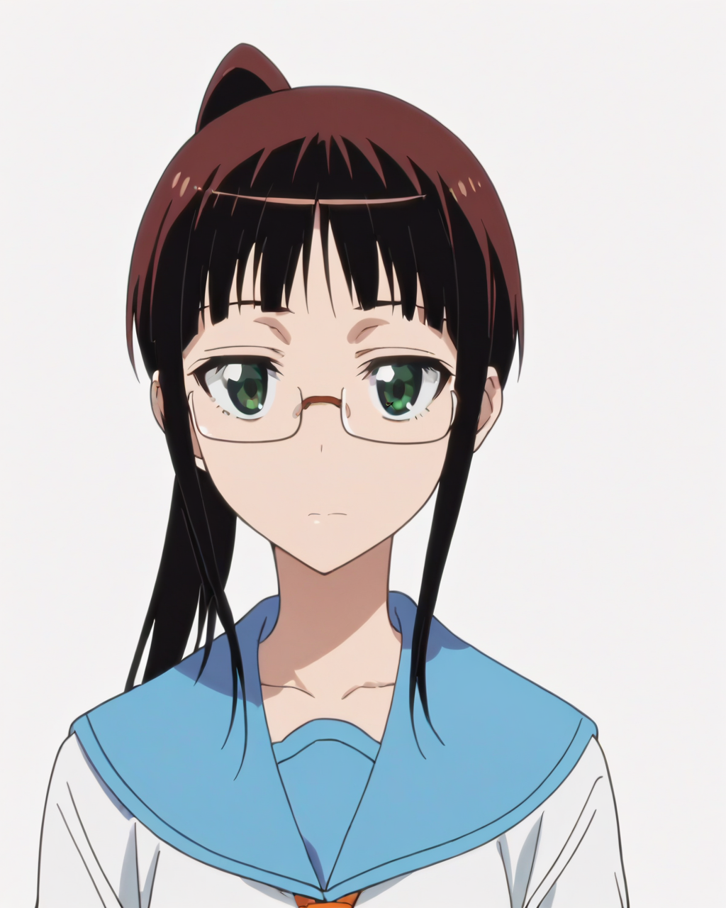 score_9, score_8_up, score_7_up, best quality, masterpiece, anime, anime screencap, anime coloring, looking at viewer, 1girl, solo, upper body, (simple background, solid white background:1.3), <lora:ruri-nisekoi:0.8>, ruri miyamoto, serafuku, school uniform, glasses, looking at viewer, closed mouth