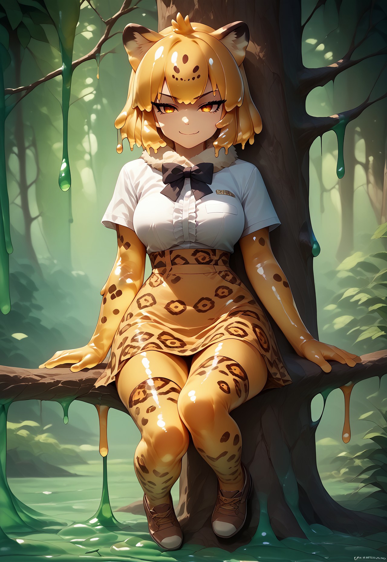 score_9_up, high quality, detailed, jaguar (kemono friends), animal ears, jaguar ears, blonde hair, short hair, bangs, jaguar print, multicolored hair, tail, jaguar tail, white shirt, frills, skirt, high-waist skirt, print skirt, fur collar, center frills, gloves, elbow gloves, print gloves, short sleeves, black bowtie, thighhighs, animal print, print legwear, shoes, (slime girl), Amazon forest, full body, smug, looking at viewer, sitting on tree branch, slime skin, arrogant
