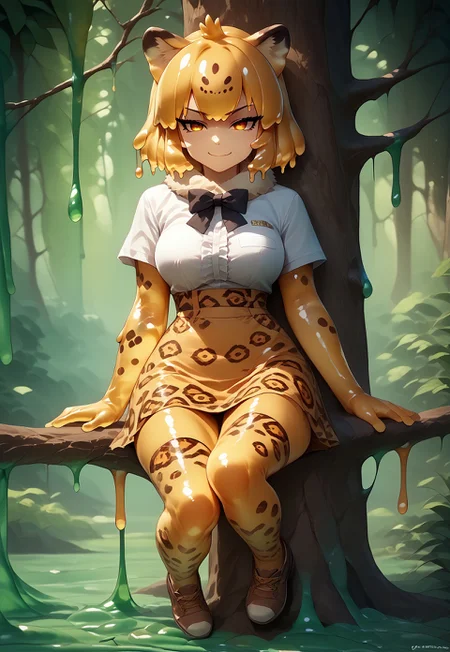 score_9_up, high quality, detailed, jaguar (kemono friends), animal ears, jaguar ears, blonde hair, short hair, bangs, jaguar print, multicolored hair, tail, jaguar tail, white shirt, frills, skirt, high-waist skirt, print skirt, fur collar, center frills, gloves, elbow gloves, print gloves, short sleeves, black bowtie, thighhighs, animal print, print legwear, shoes, (slime girl), Amazon forest, full body, smug, looking at viewer, sitting on tree branch, slime skin, arrogant