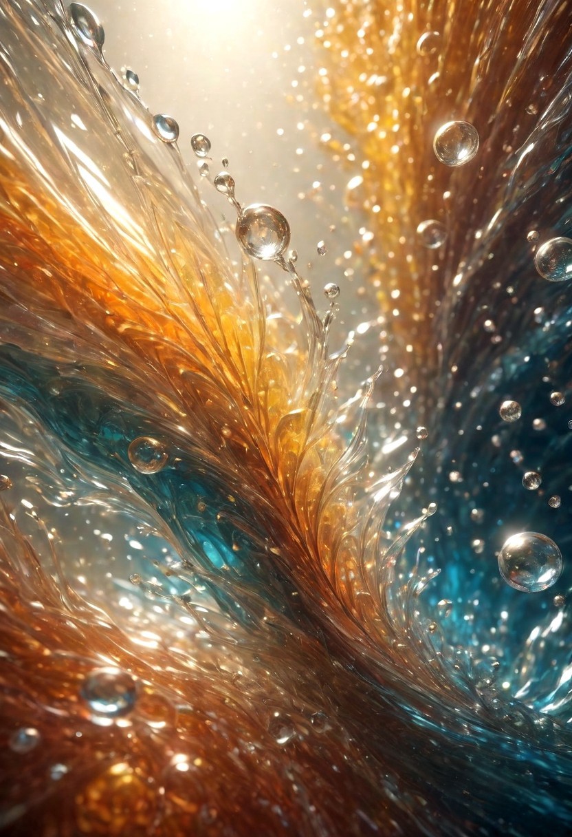 An abstract shape, amazingly fluid, made of glass, detailed, 3d fractals, light particles, water drops, shimmering light, surreal, ink, smooth, shimmering, glow, cinematice contrast, Glow, 
16k