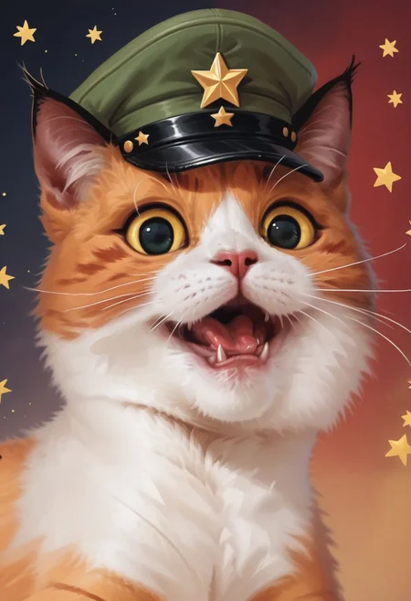 score_9, score_8_up, score_7_up, score_6_up, score_5_up, score_4_up, BREAK (childish crayon drawing, propaganda portrait of very happy comrade cat with red black star gradient background), ginger cat, green soviet peaked cap, background of red star shape, star gradient, red, black, propaganda poster, muted colors