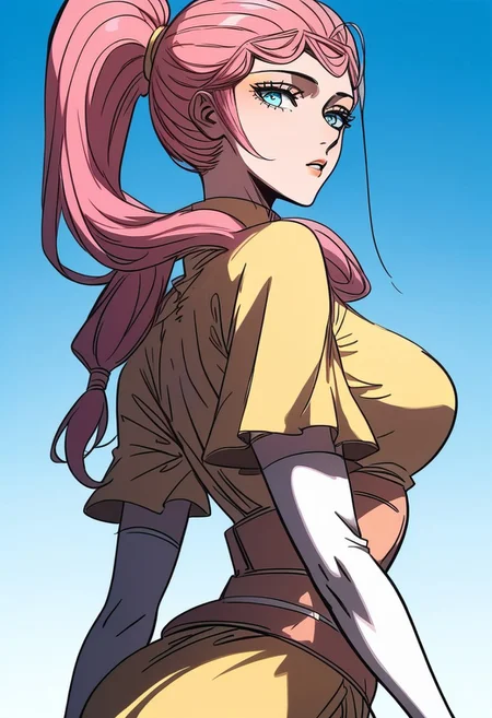score_9, score_8_up, score_7_up, score_6_up,score_5_up, Expressiveh,
longyuyin, 1girl, ponytail, pink hair, long hair, blue eyes, large breasts, yellow dress, elbow gloves,
detailed face, full color, vibrant color, cowboy shot, dynamic pose, dynamic angle, centered, head tilt, back view, ass, looking back, hand on hip, white background, EyesHD, partially illuminated