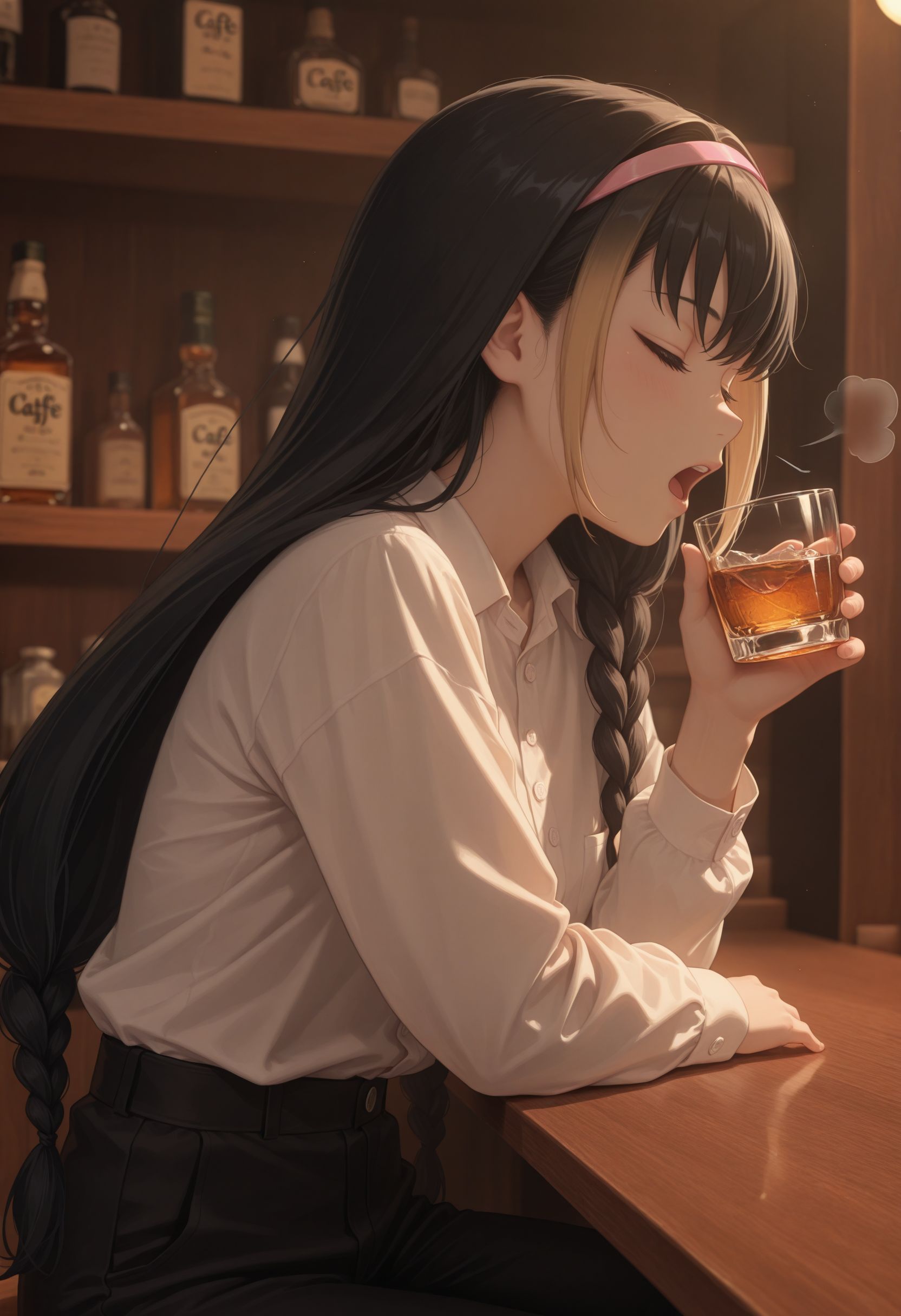 masterpiece,best quality,absurdres,highres,very aesthetic,high quality,detailed,insanely detailed,beautiful, solo, 1girl
 <lora:Lessar illu:1> 1girl, black hair, multicolored hair, two-tone hair, long hair, twin braids, braid, pink hairband, blue eyes, white button shirt, black pants, pastel coloring, side view, cute, tired, sighing, sigh, closed eyes, open mouth, nice lighting, cafe background, sitting at a bar, holding glass of whiskey, (cinematic lighting:0.4),(pastel color \(medium\):1.0),