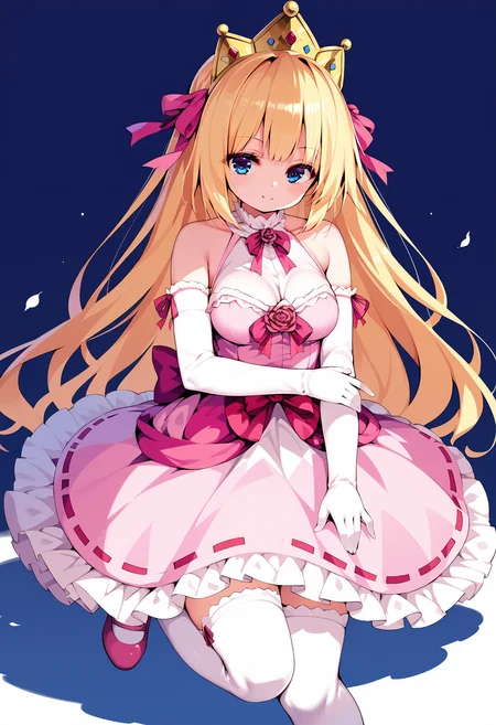 score_9, score_8_up, score_7_up,source_anime,anatomically correct,best perspective BREAK
1girl, solo, milf,
<lora:PrincessRutee:1> rutee, blonde hair, long hair, blue eyes, thighhighs, dress, pink dress, crown, gloves, elbow gloves, white gloves, ribbon, detached sleeves, pink footwear,