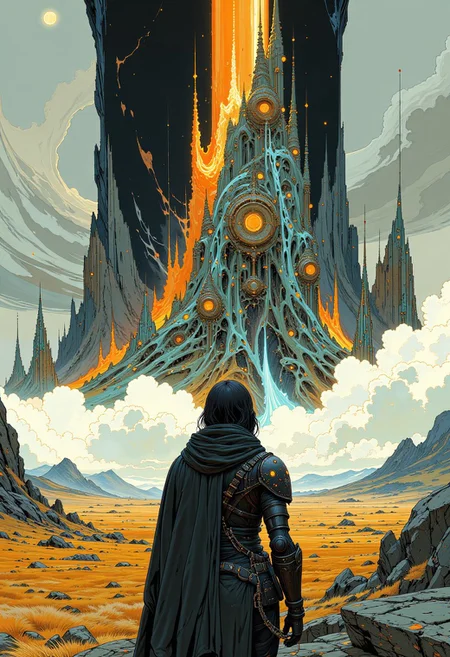 Graphic novel inspired image of a dark-skinned woman in black armour in front of a vast plain, an ancient alien city fills the frame in the distance, against a magnificent backdrop, epic fantasy merged with cyberpunk styling, intricate details, rich colour, dramatic scenery, science fiction, marble painting