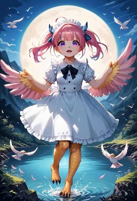 8K, best quality, best resolution,score_9,score_8_up,score_5_up,score_7_up,score_6_up,best quality,source_anime,winged arms, harpy,white dress,big eyes,detailed eyes,detail1eye,EyesHD,detailed face,BREAK,outside,mountain background, flying in mid-sky,pastel lighting effect,light beam,full body,moon,night,