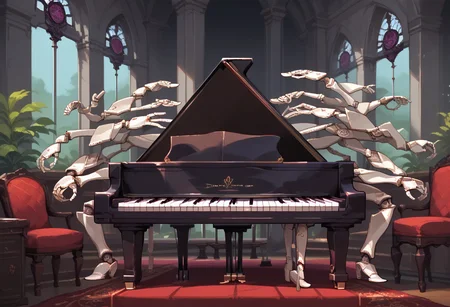 score_9, score_8_up, score_7_up,Dark Fantasy page,1 doll girl,multiple legs,doll,many arms,many arms,doll joints,grand piano,grand piano,grand piano,circular piano,hands playing piano,doll strings,sitting,playing piano,marionette strings,long,straight hair,faceless,mouth with excessive amount of teeth,playing a gigantic piano,dark cathedral,cathedral background,dim light