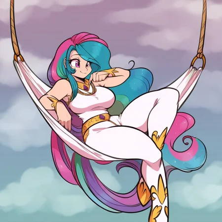 <lora:Scorpdk_v2_PonyXL:0.8> by scorpdk, scorpdk, score_9, score_8_up, score_7_up, score_6_up, score_5_up, score_4_up, source_furry, source_pony, source_cartoon, rating_safe, absurd res, hi res, digital drawing (artwork), digital media (artwork), perfect shadows, perfect lighting, dynamic posing, dynamic expressions, studio, perfect body, breasts, clothing, clothed, princess celestia, humanized, large breasts, wide hips, thick thighs, detailed background, in the tasty treat, lying on a hammock