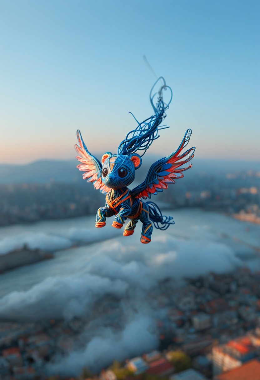 score_9, score_8_up, score_7_up, score_6_up, score_5_up, score_4_up, masterpiece, very aesthetic, absurdres, Tilt shift photography style, photo, a chibi pegasus, floating in air, blue sky, blurry background, neon, wires, made of wires, cables, outlined with wires and neon, neon outlines, wire sculpture, neon wire sculpture,