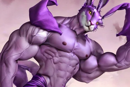 Gay male hare, Purple fure hare, human look hare, muscled, forward bended long eirs