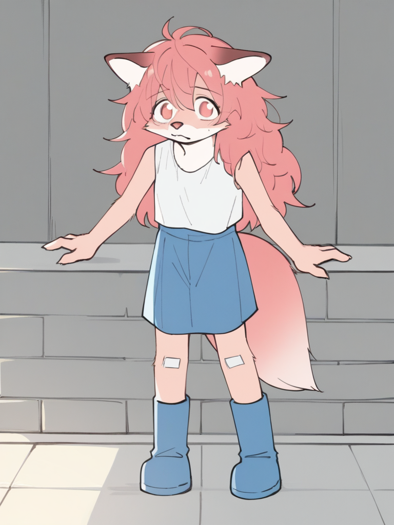 score_9, score_8_up, score_7_up, source_anime, BREAK
looking at viewer,  <lora:Furr:1> p1nkfurr, pink hair, pink fur, white fur, two-tone fur, furry female, furry, pink eyes, long hair, dog ears, dog tail, white vest, no sleeves, blue skirt, blue boots,