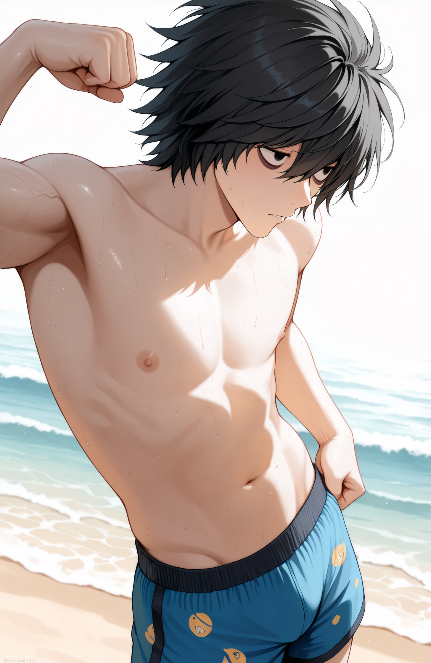 masterpiece, best quality, 1boy, solo, black hair, short hair, messy hair, black eyes, bags under eyes, boxers \(clothing\), beach, flexing, topless,    <lora:Lawliet IXL:1>