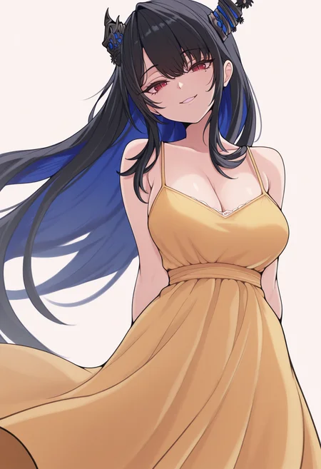masterpiece, best quality, 1girl, solo, Ner1ssaR, colored inner hair, black hair, blue hair, red eyes, slit pupils, uneven horns, long hair, mole under eye, yellow sundress, spaghetti strap, sleeveless, flowing dress, wind, head tilt, arms behind back, looking at viewer, dutch angle, smile, simple background, <lora:ChamNerissaRavencroftIllustriousXL:1>